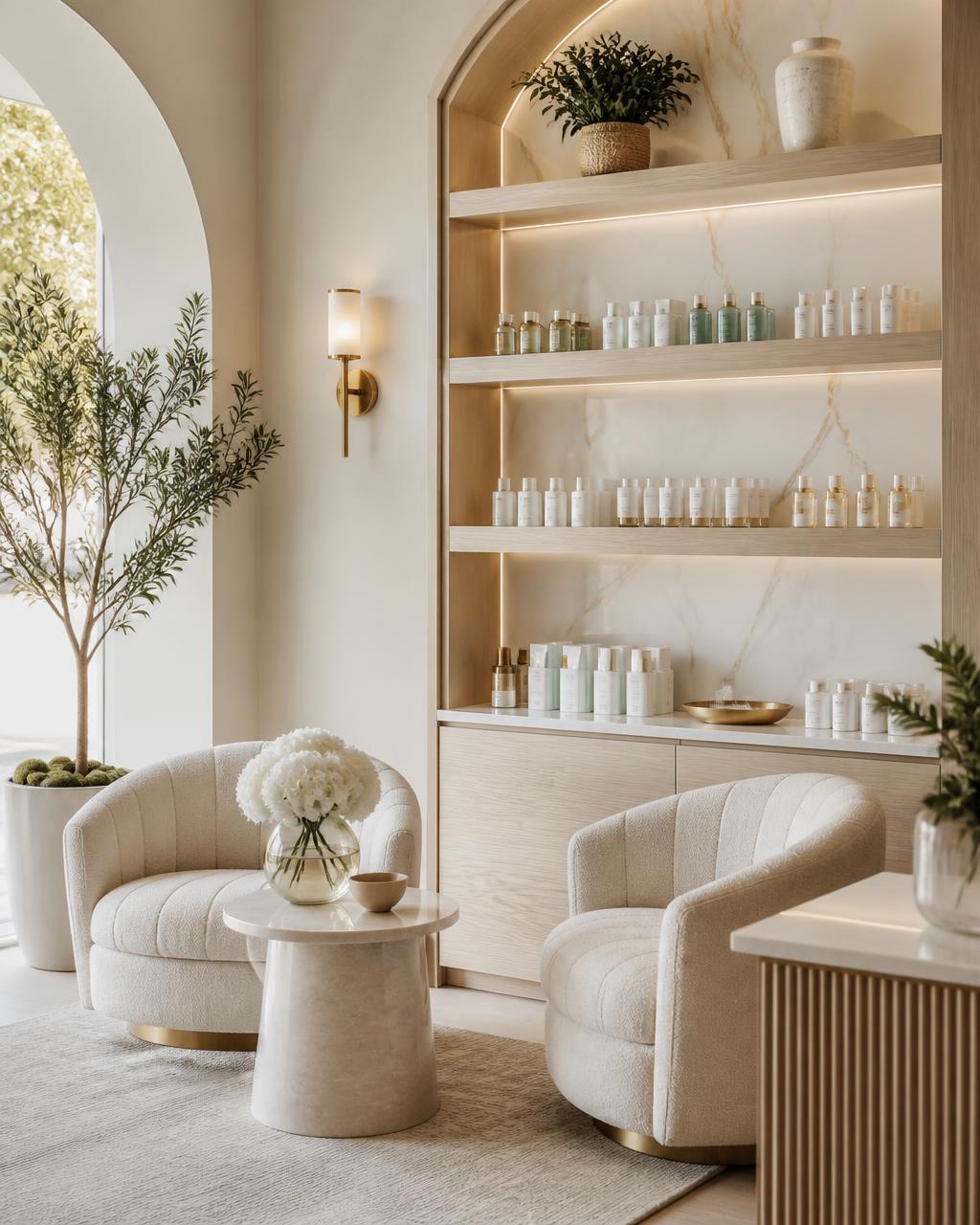 Elegant medical spa consultation area with skincare display