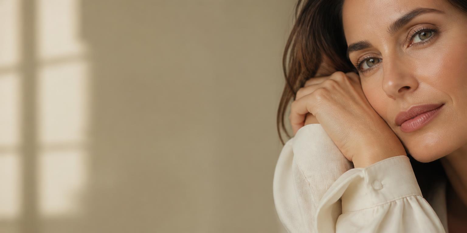 Professional beauty portrait focused on a woman's face and covered forearm